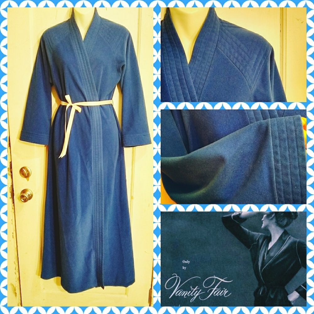 VTG 70s Vanity Fair Blue Velour Bathrobe Sz P/S